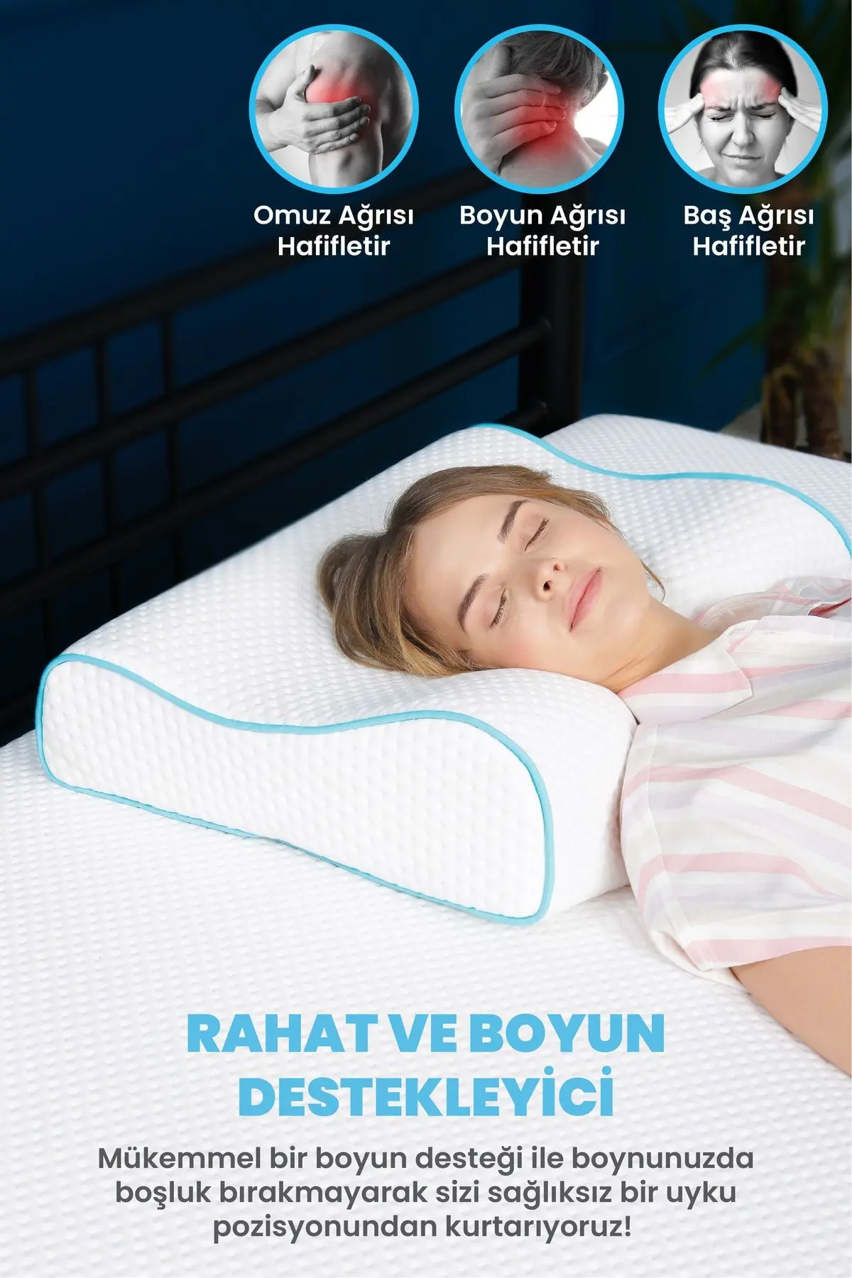 Yüksek Boyun Destekli Ortopedik Yastık Çift Boyun Destekli Visco Yastık - 60x40x14-12cm