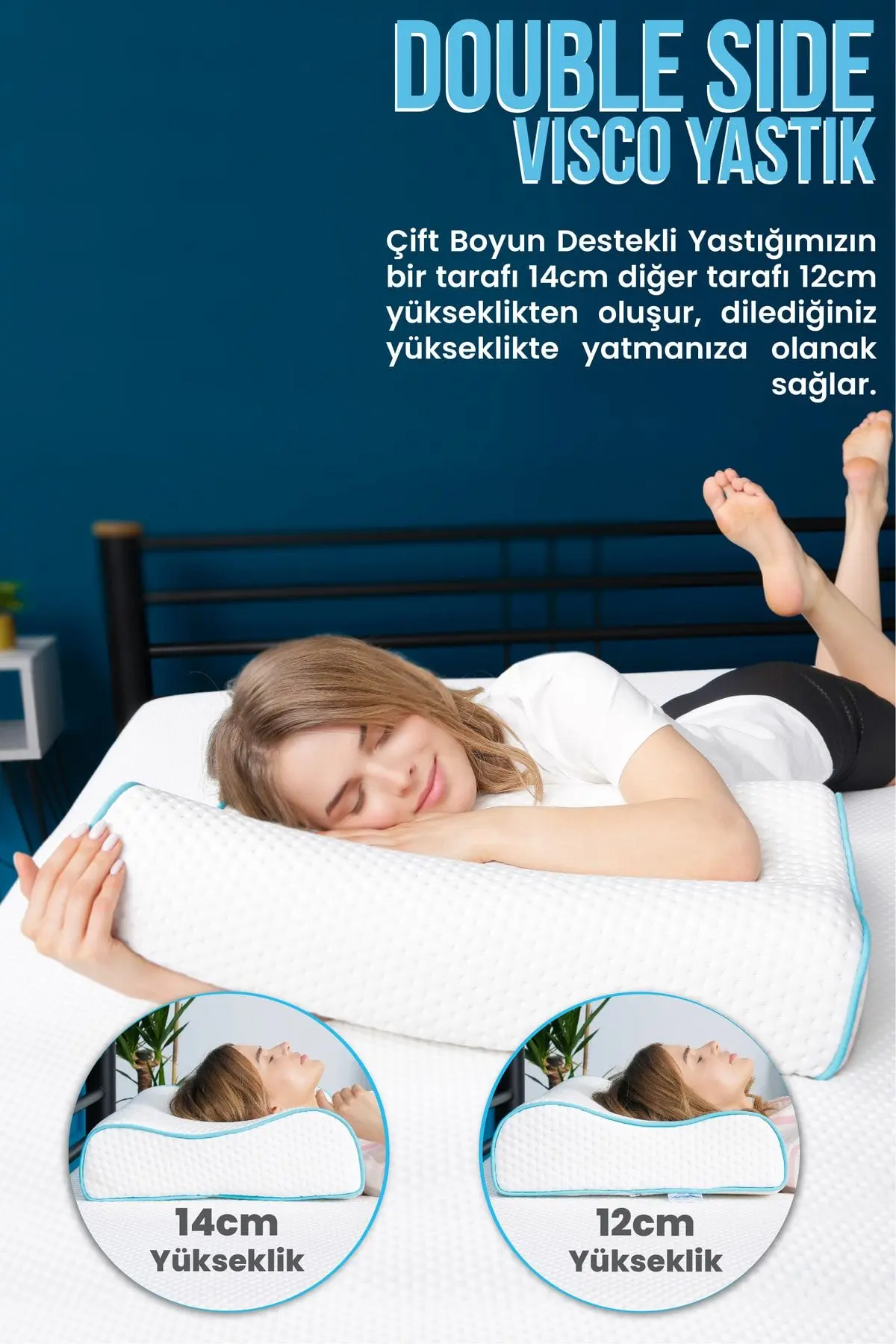 Yüksek Boyun Destekli Ortopedik Yastık Çift Boyun Destekli Visco Yastık - 60x40x14-12cm
