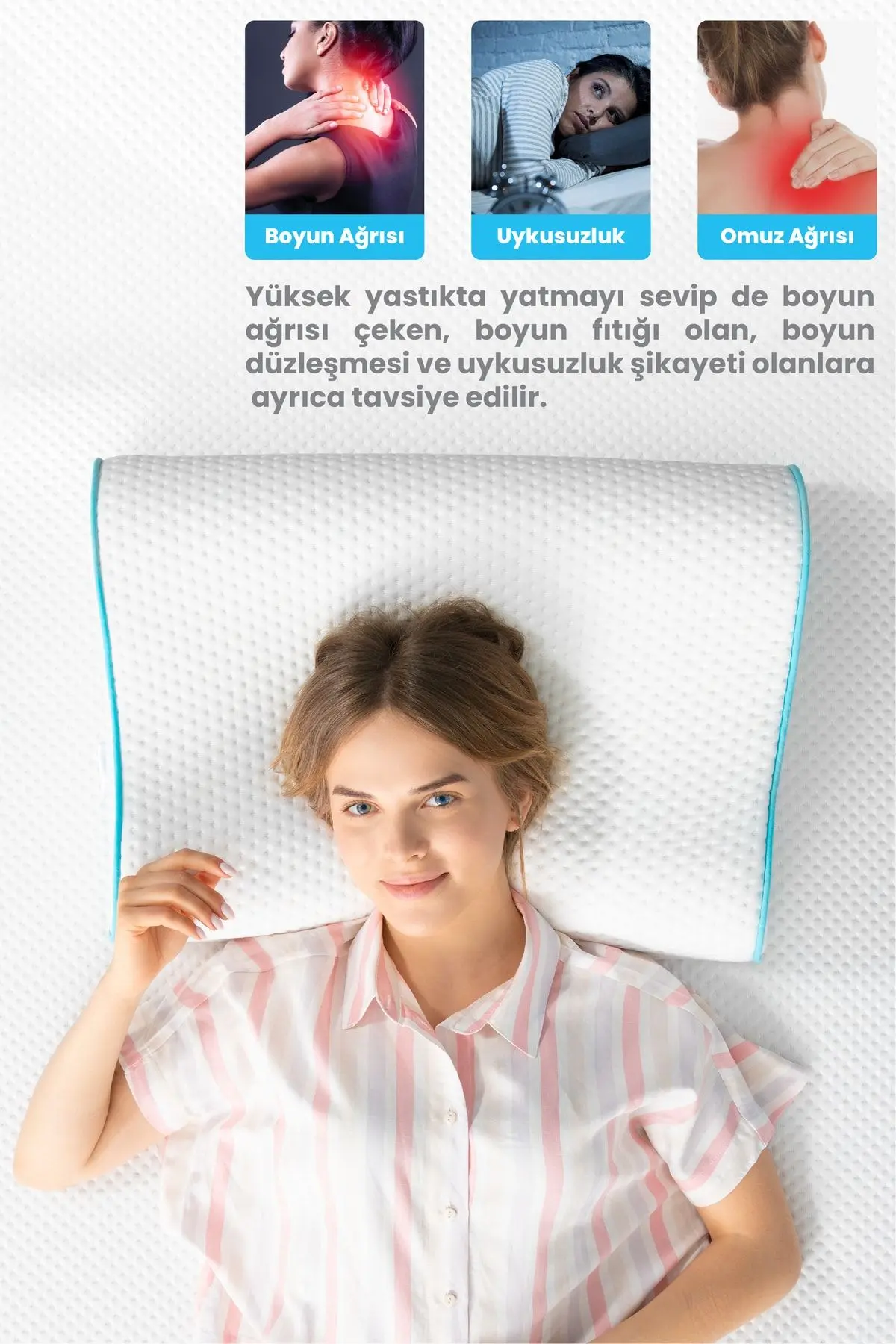 Yüksek Boyun Destekli Ortopedik Yastık Çift Boyun Destekli Visco Yastık - 60x40x14-12cm