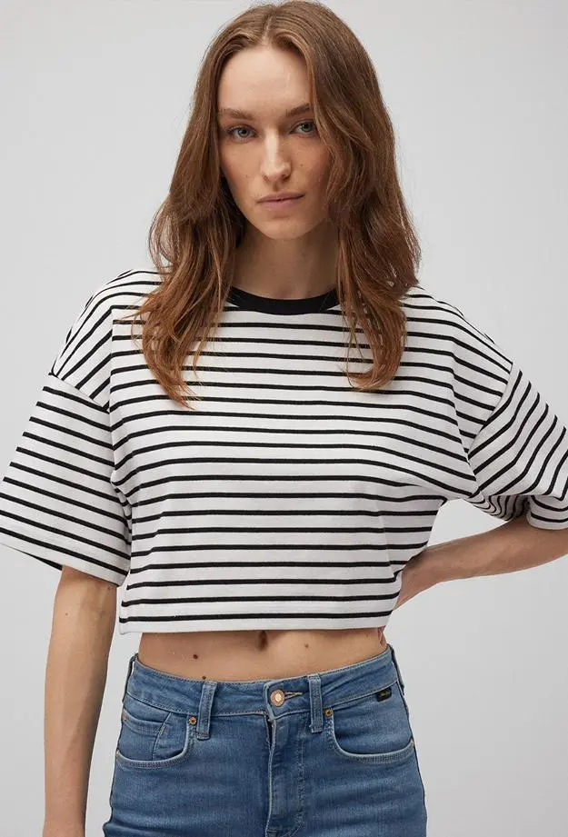 Mavi Siyah Çizgili Crop Tişört Crop / Kısa Kesim 1612666-85454