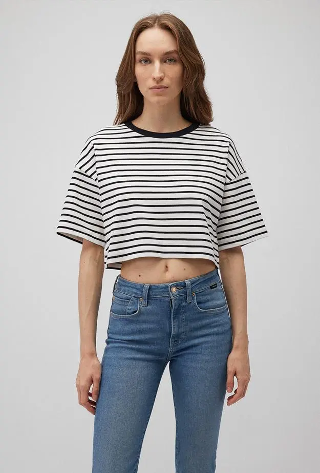 Mavi Siyah Çizgili Crop Tişört Crop / Kısa Kesim 1612666-85454