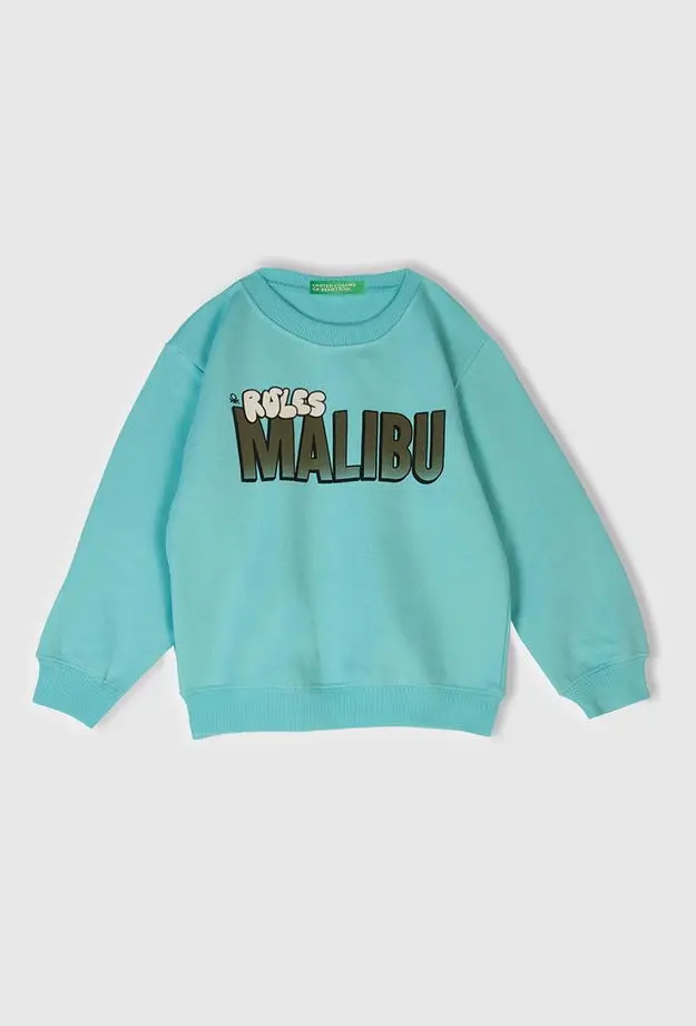 United Colors of Benetton Erkek Çocuk Su Yeşili Önü Baskılı Bisiklet Yaka Sweatshirt