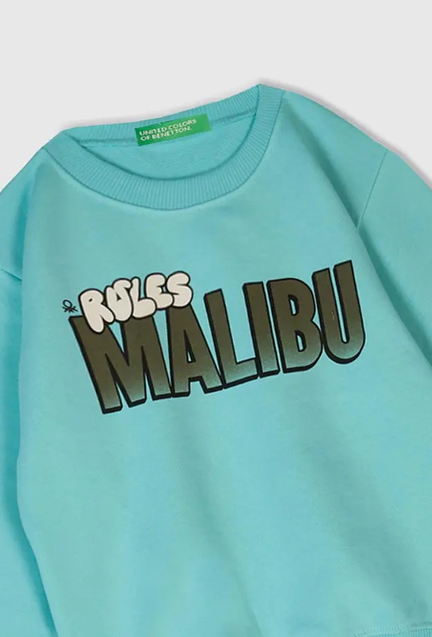 Erkek Çocuk Su Yeşili Önü Baskılı Bisiklet Yaka Sweatshirt