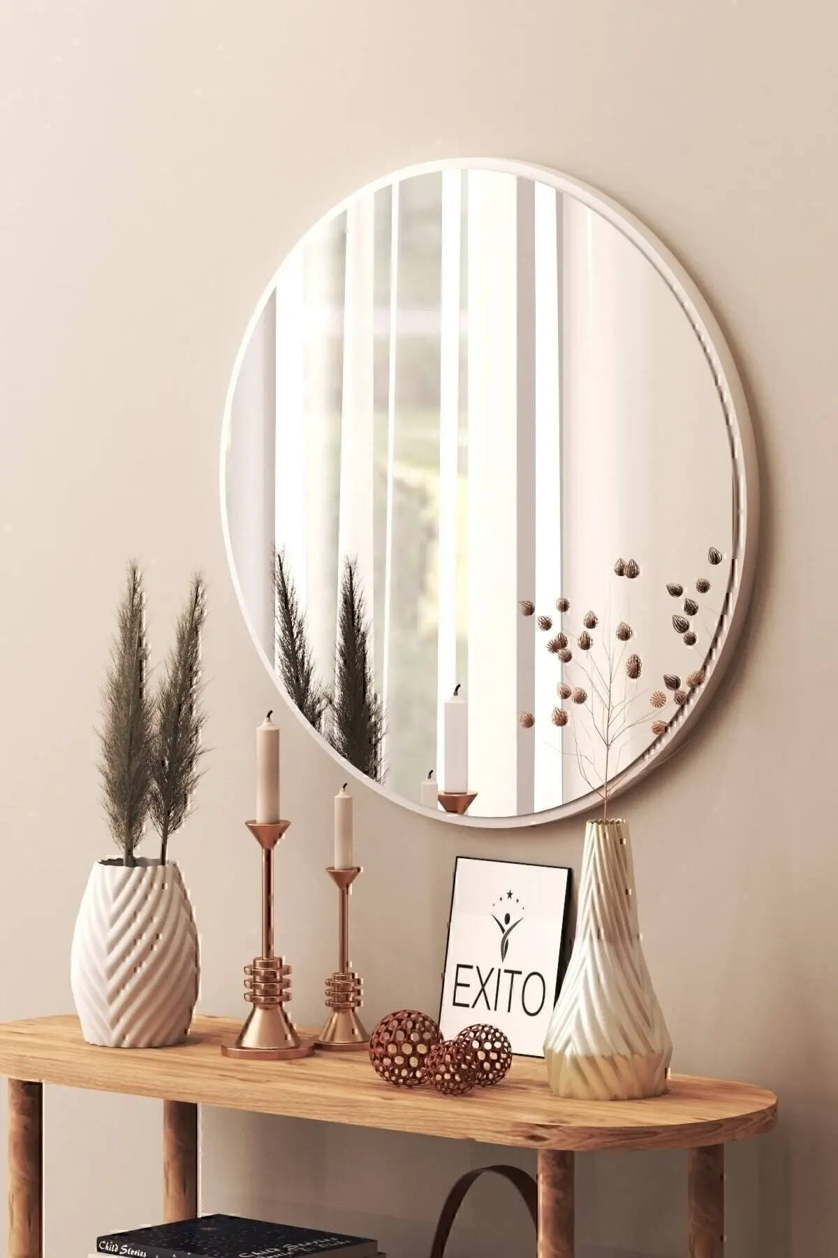 luxury decor Dekoratif Yuvarlak Ayna Beyaz 60 Cm Antre Hol Wc 5704