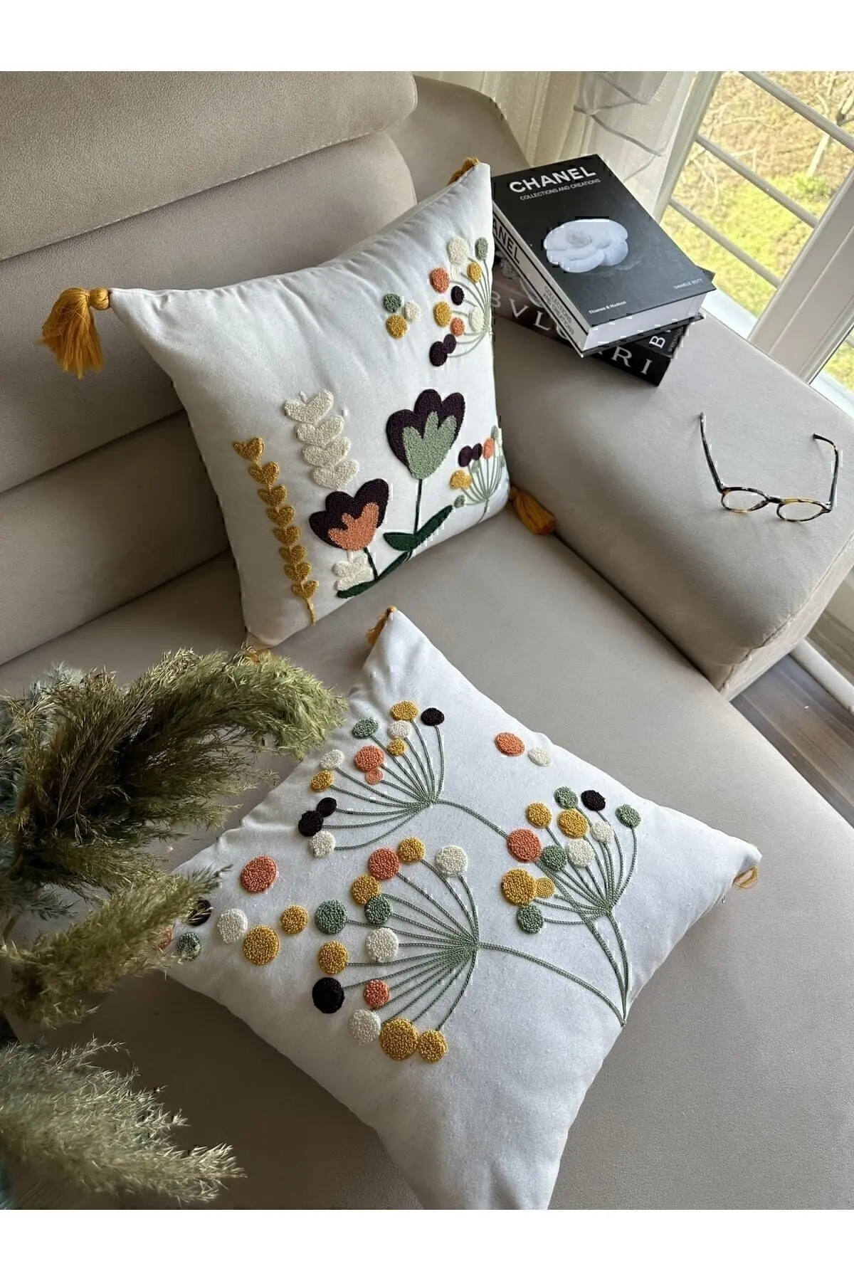 Reset Starstalıa Home Beyaz Kumaş Punch Nakışlı 2 Adet Kırlent Kılıfı
