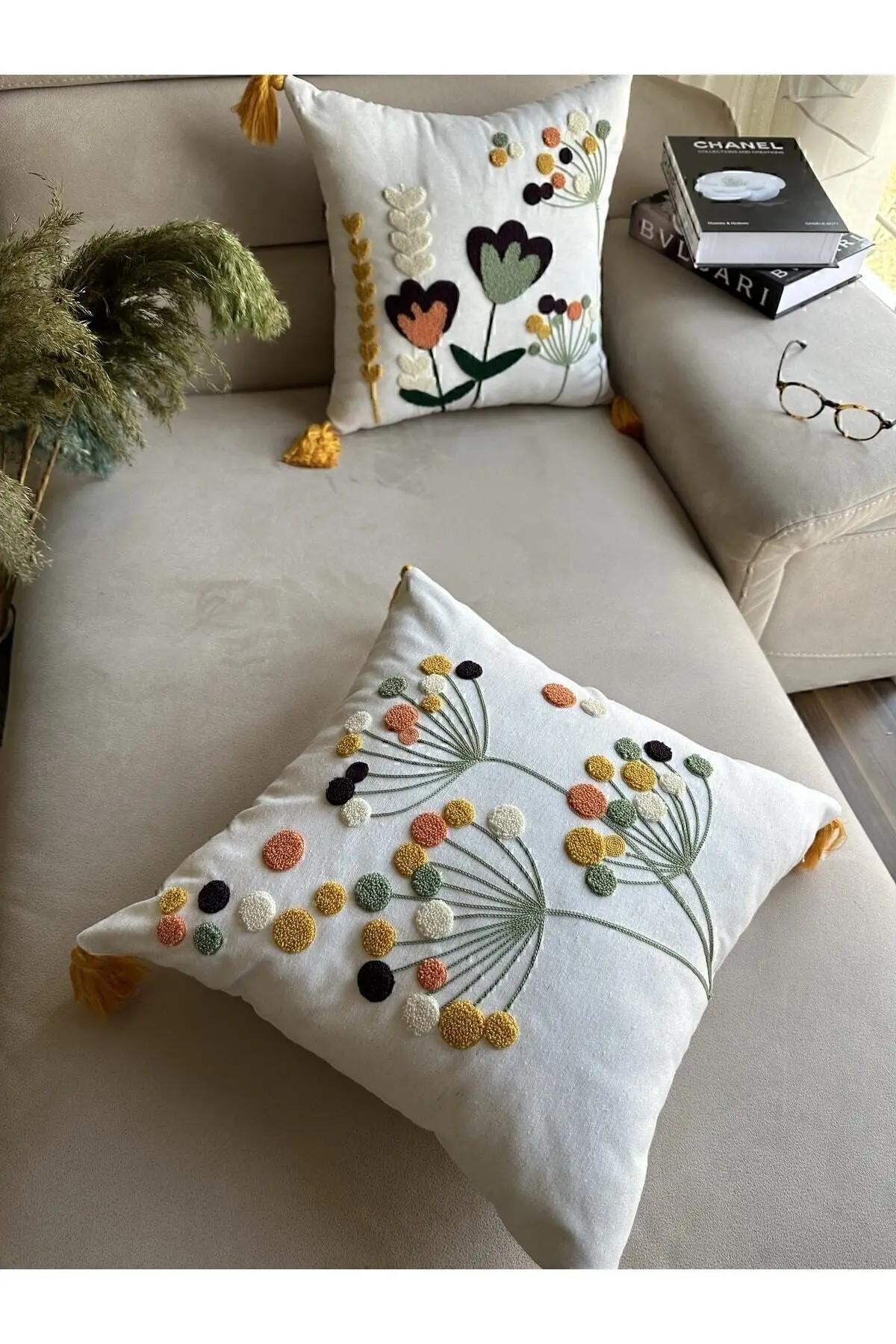 Starstalıa Home Beyaz Kumaş Punch Nakışlı 2 Adet Kırlent Kılıfı