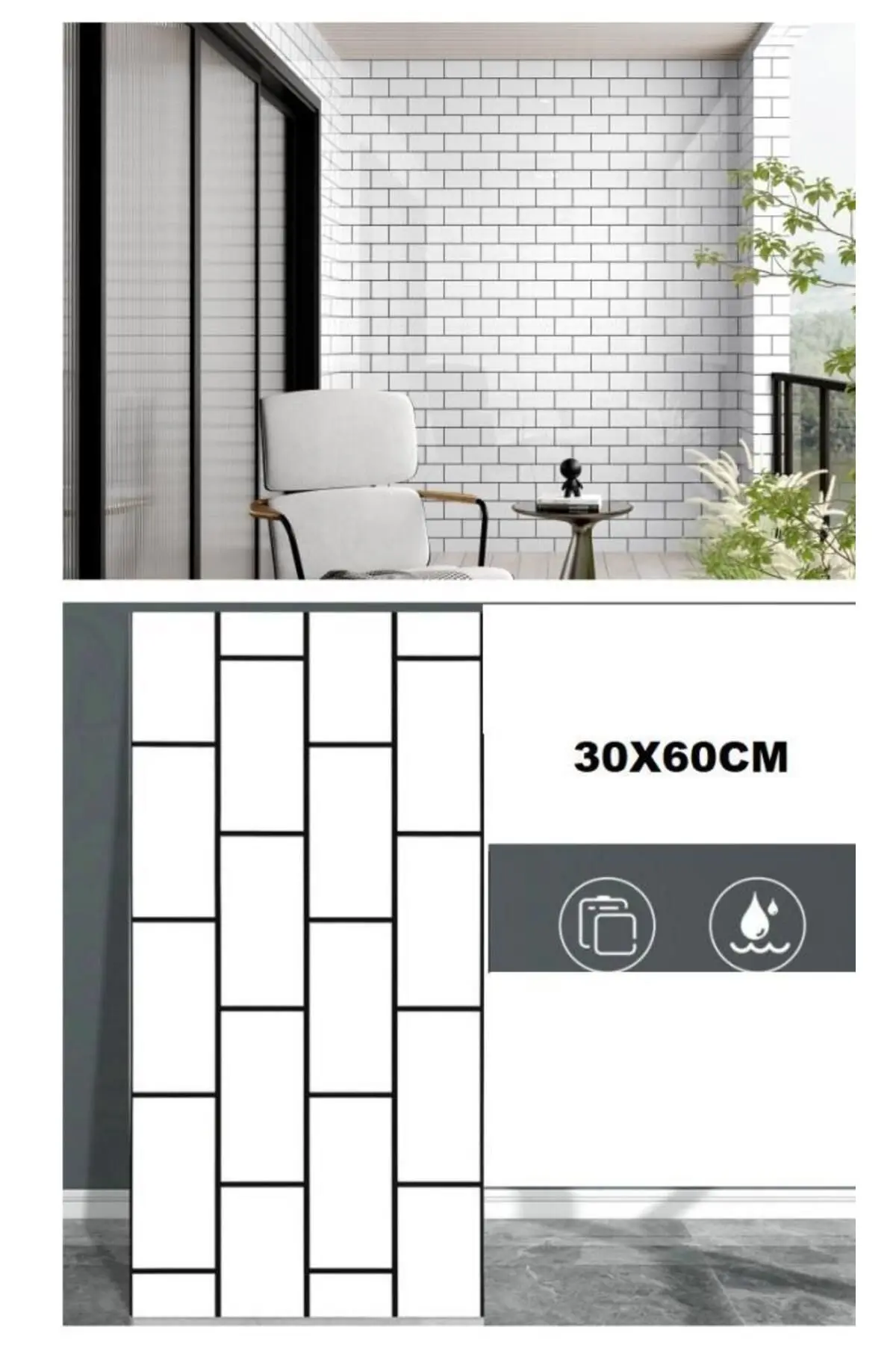 60x30cm Shiny Beyaz Tuğla Desen Kendinden Yapışkanlı Karavan Prefabrik Banyo Wc Duvar Kaplama Paneli