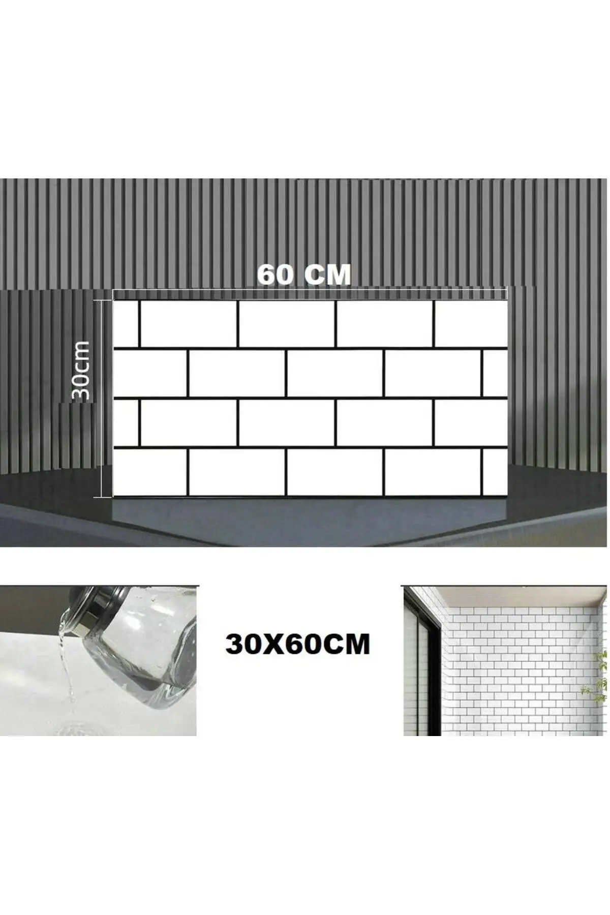 60x30cm Shiny Beyaz Tuğla Desen Kendinden Yapışkanlı Karavan Prefabrik Banyo Wc Duvar Kaplama Paneli