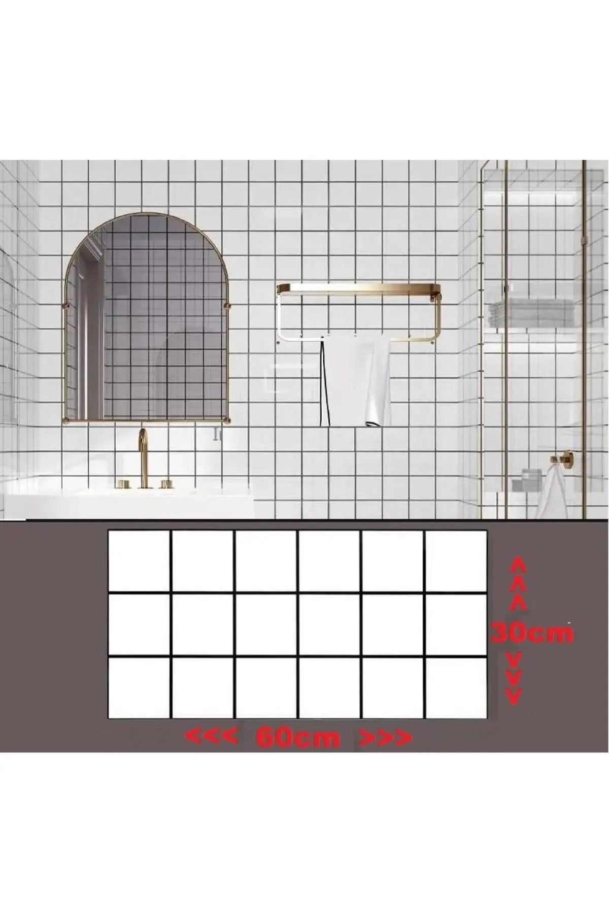 Renkli Duvarlar 60x30cm Parlak Siyah Çizgili Beyaz Kare Yapışkanlı Karavan Prefabrik Banyo Wc Duvar Kaplama Paneli