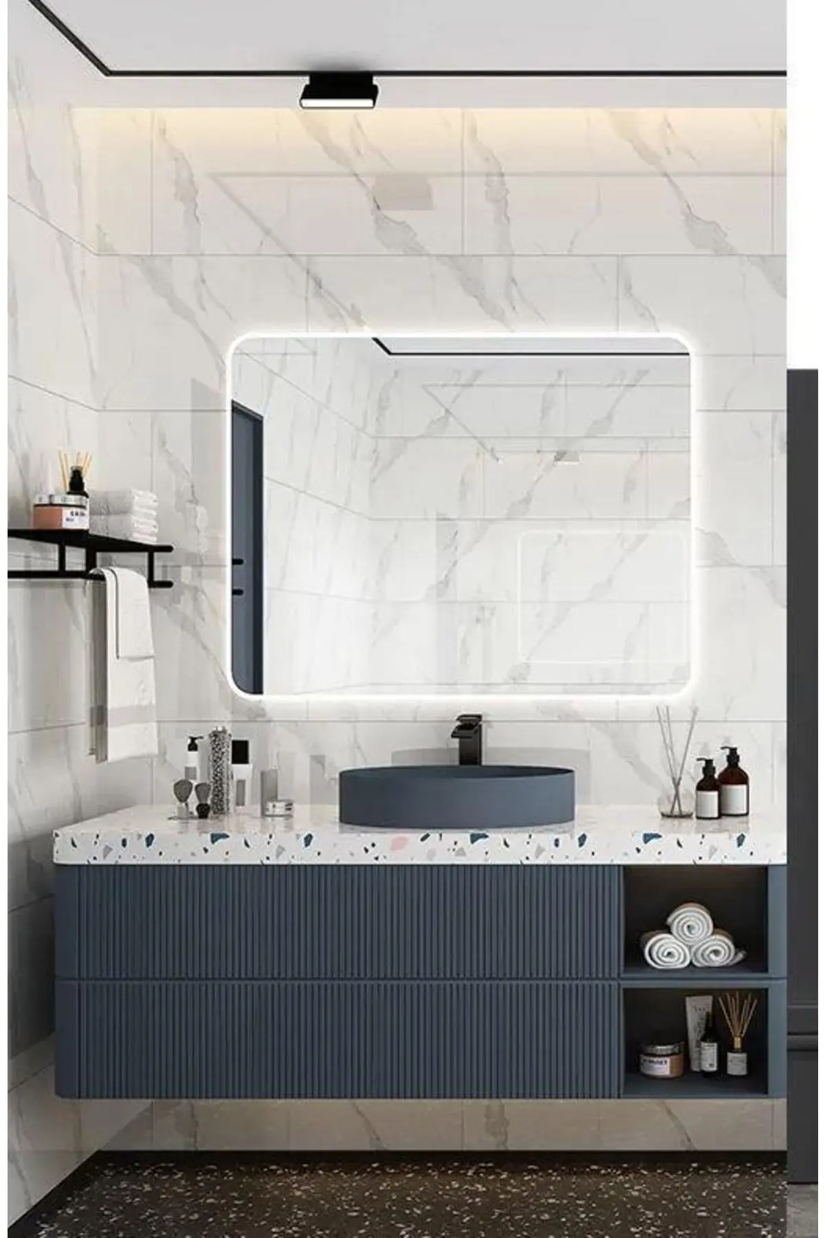 60x30cm Krem Yeşil-gri Damarlı Mermer Desen Yapışkanlı Karavan Prefabrik Banyo Duvar Kaplama Paneli