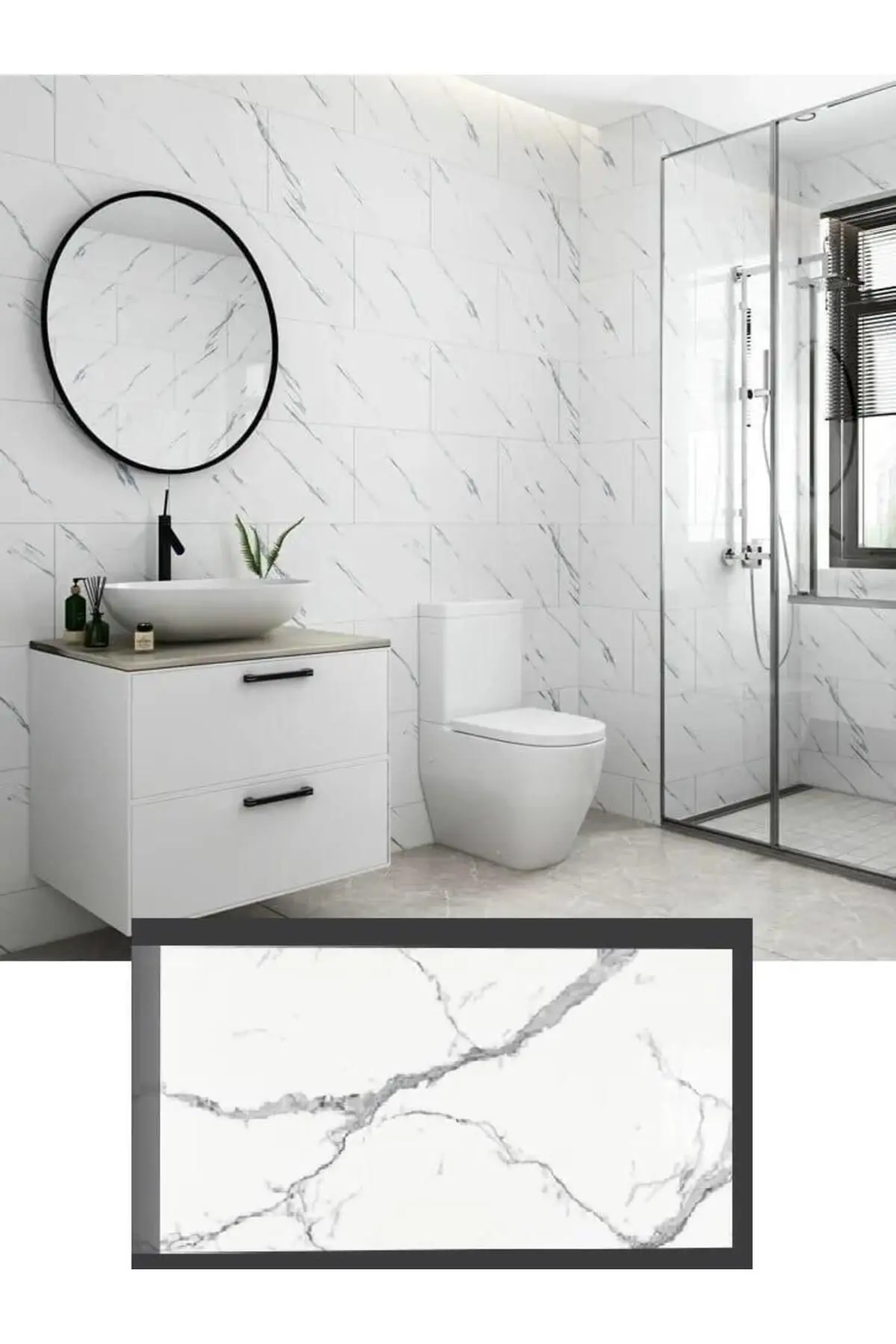 60x30cm Shiny Net Gri Mermer Desenli Yapışkanlı Karavan Prefabrik Banyo Wc Duvar Kaplama Paneli