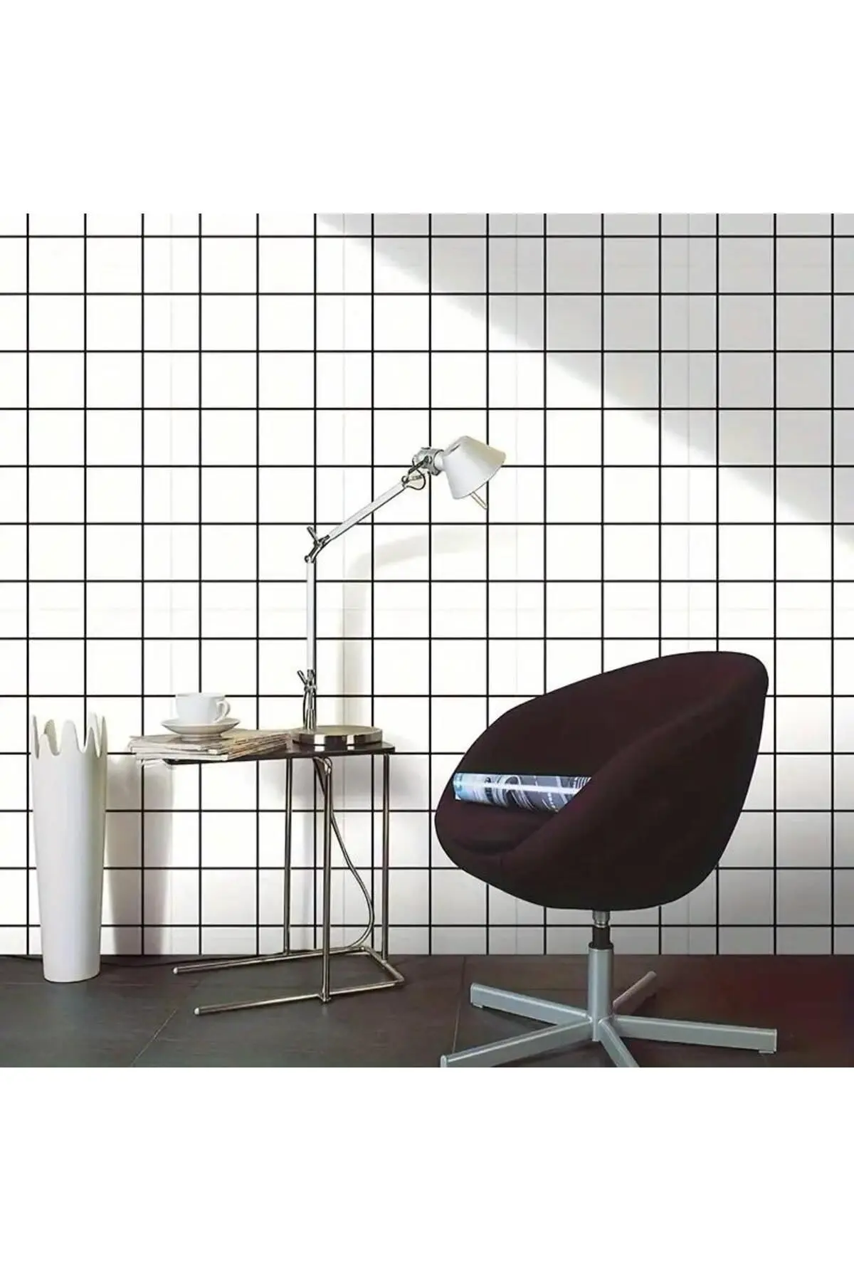 60x30cm Parlak Siyah Çizgili Beyaz Kare Yapışkanlı Karavan Prefabrik Banyo Wc Duvar Kaplama Paneli