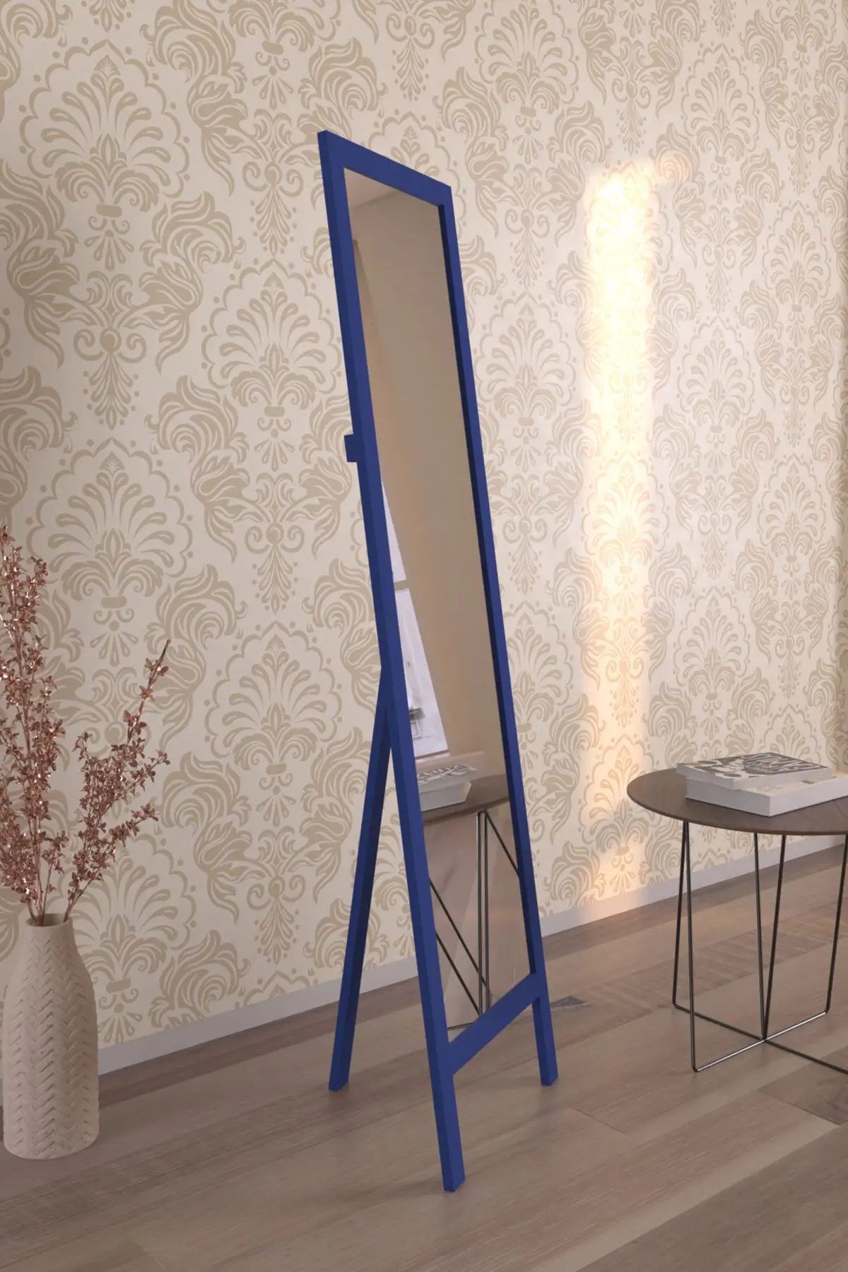 Mavi Ahşap Ayaklı Boy Aynası 145x40cm