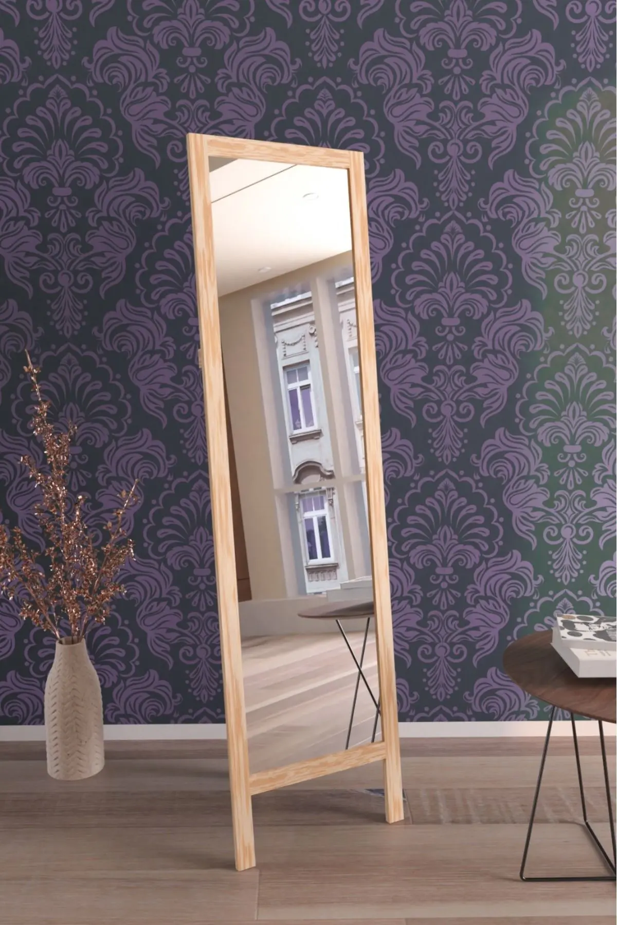 Hediyeler Kapında Naturel Ahşap Ayaklı Boy Aynası 145x40