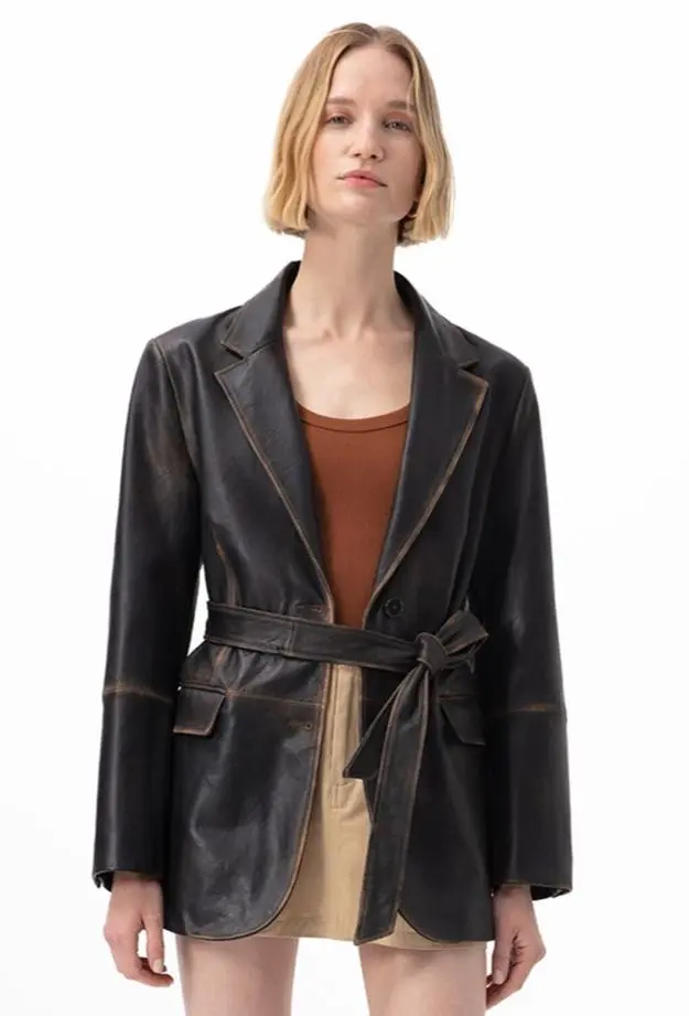 Becka Kahve Kadın Eskitme Blazer Deri Ceket