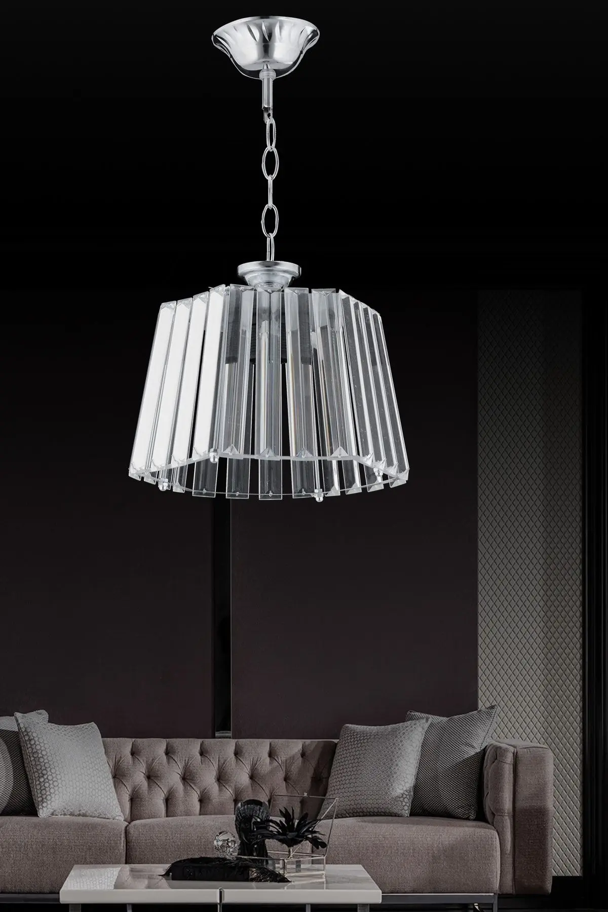 İstanbul Avize Altıgen Tekli Lüx Elmas Gümüş Kristal Taşlı Avize