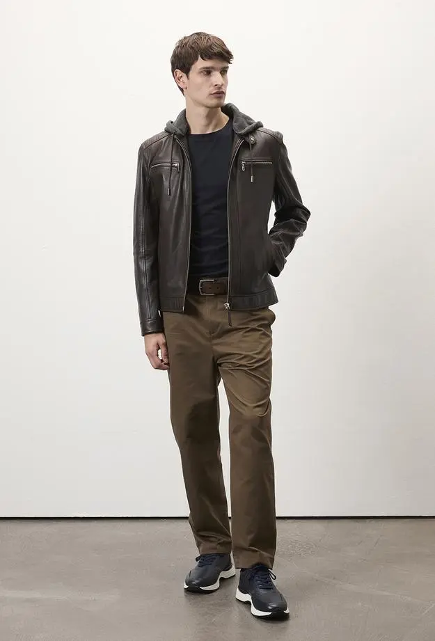 Analu Koyu Kahve Erkek Kapüşonlu Deri Mont