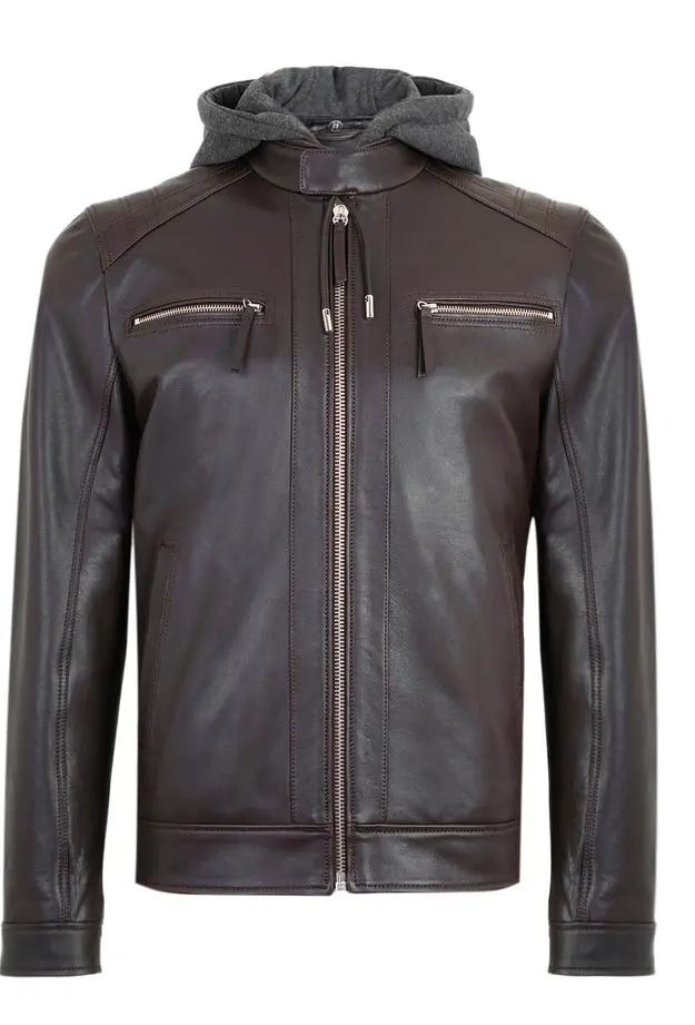 Analu Koyu Kahve Erkek Kapüşonlu Deri Mont