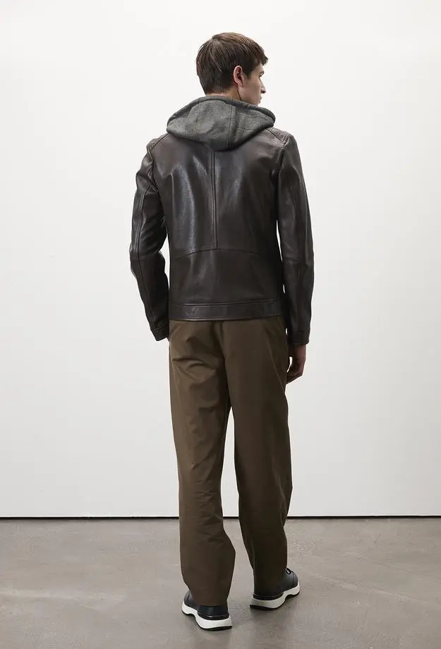 Analu Koyu Kahve Erkek Kapüşonlu Deri Mont