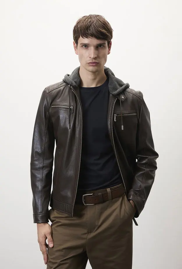 Desa Analu Koyu Kahve Erkek Kapüşonlu Deri Mont