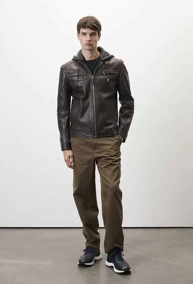 Analu Koyu Kahve Erkek Kapüşonlu Deri Mont