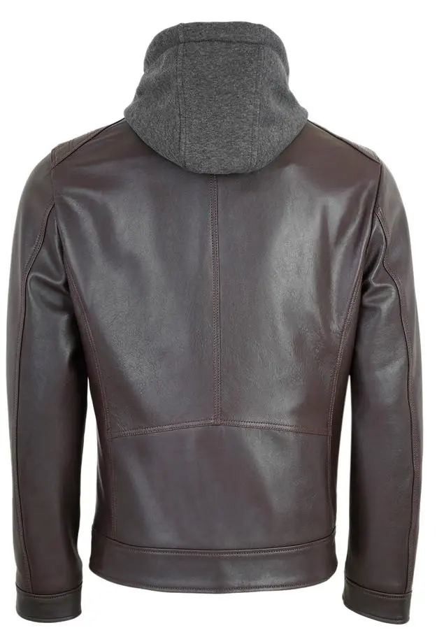 Analu Koyu Kahve Erkek Kapüşonlu Deri Mont