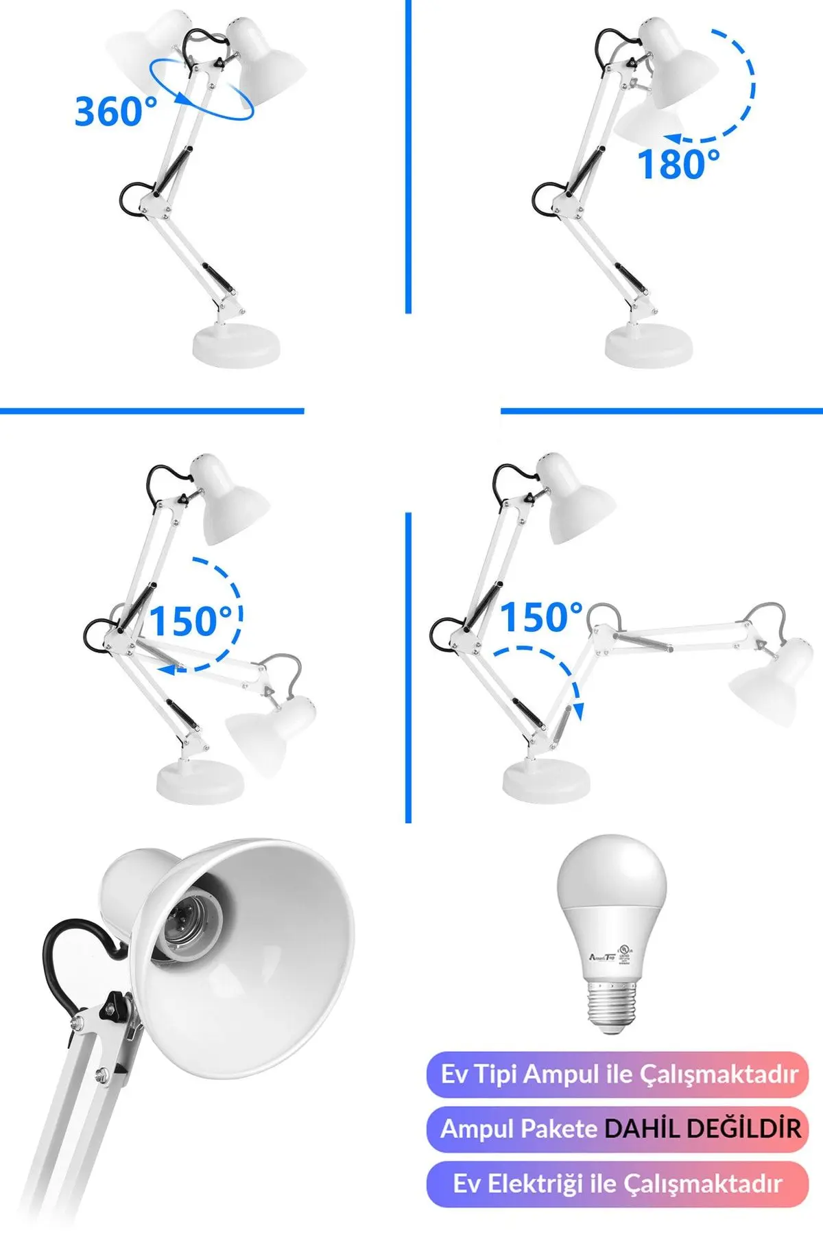 Masa Lambası Akrobat Yaylı Metal 360° Açılı Ayarlanabilir Hareketli Çalışma Masası Lambası Beyaz
