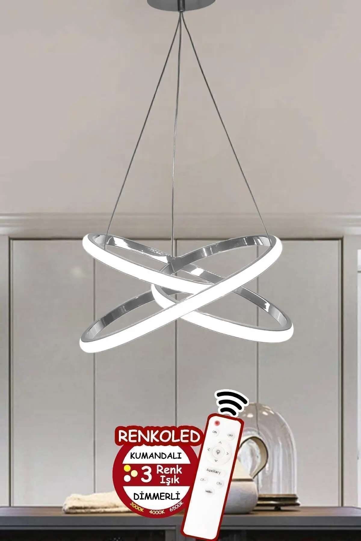 Kumandalı 3 Renk Işıklı Modern Sarkıt Led Avize Krom Kasa Salon,oda ,mutfak ,hol