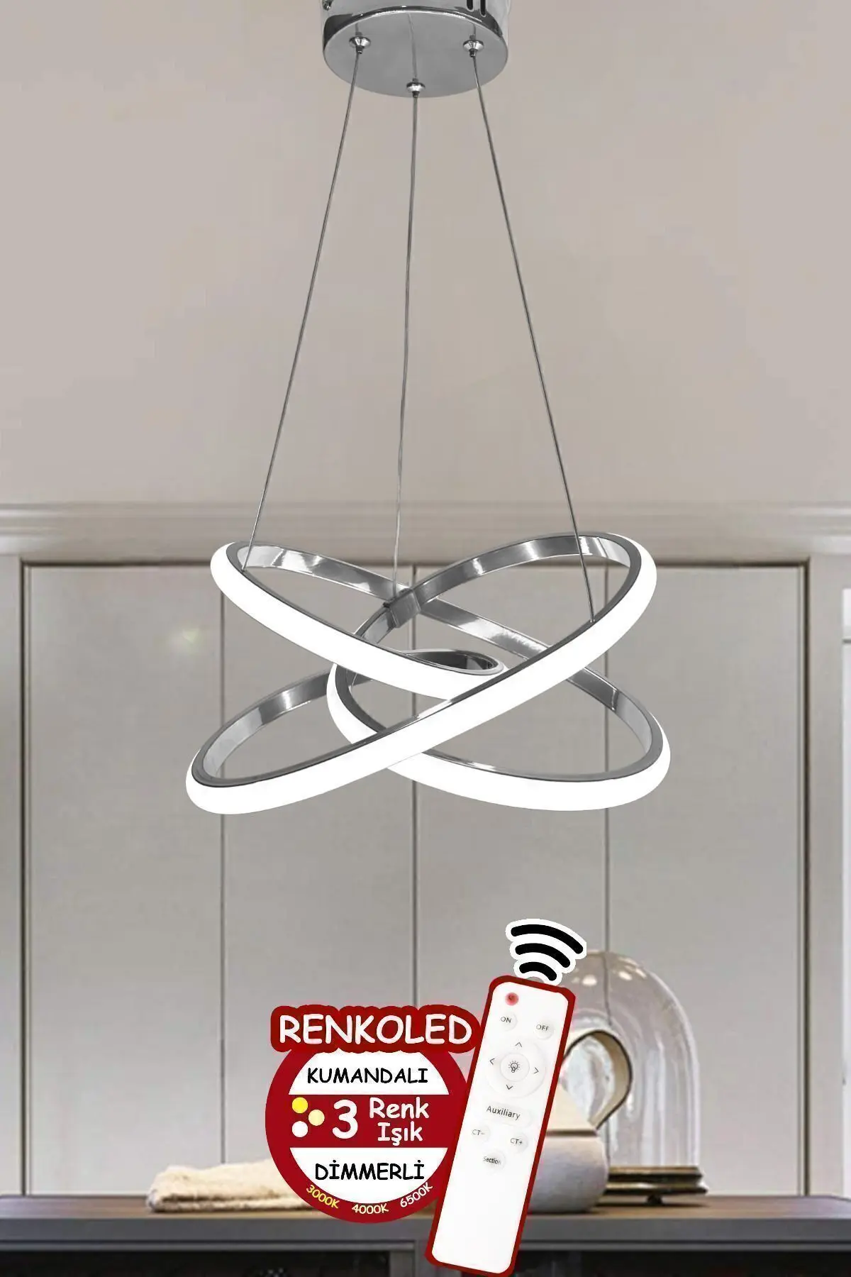 Kumandalı 3 Renk Işıklı Modern Sarkıt Led Avize Krom Kasa Salon,oda ,mutfak ,hol