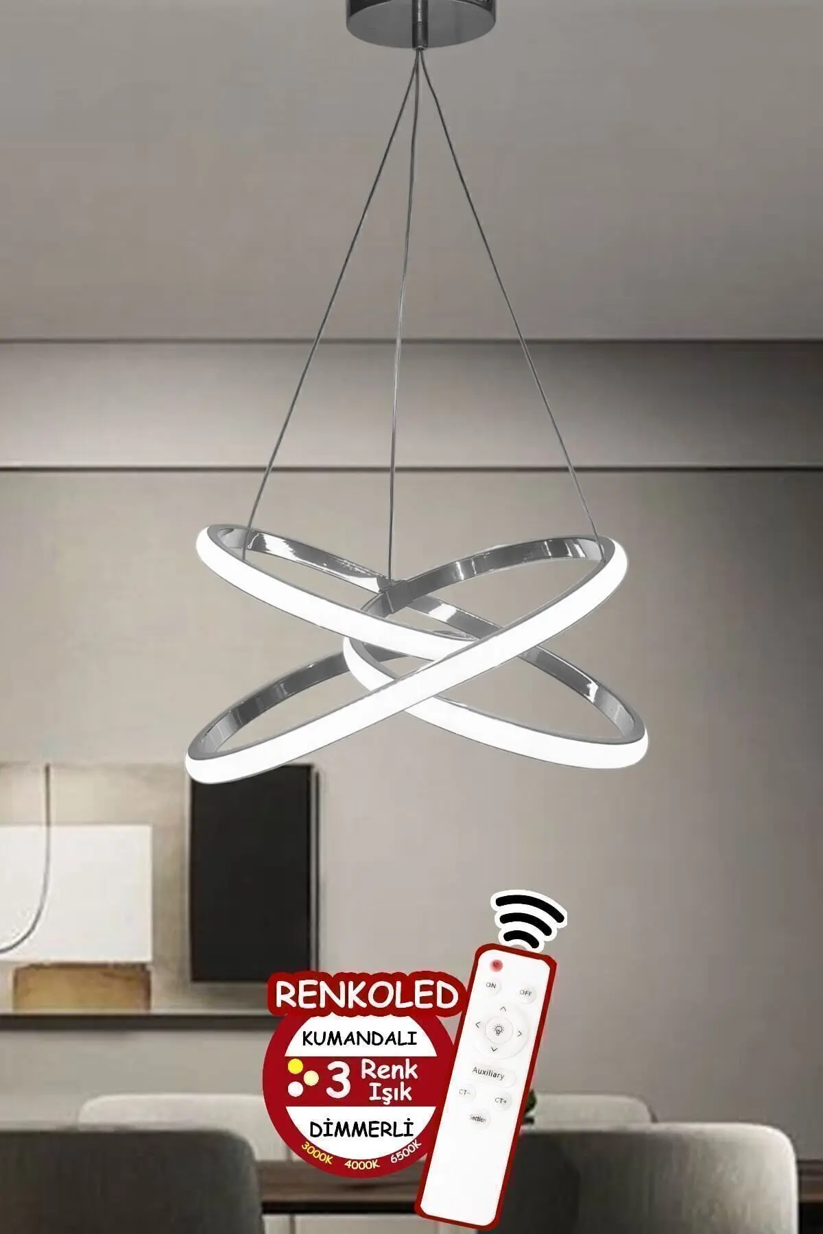 Kumandalı 3 Renk Işıklı Modern Sarkıt Led Avize Krom Kasa Salon,oda ,mutfak ,hol