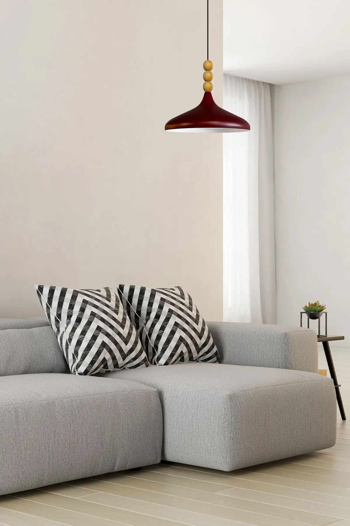 Vişne Çürüğü Ahşap Boncuklu Tekli Avize Sarkıt Salon Butik Lamba Aydınlatma Avizeler