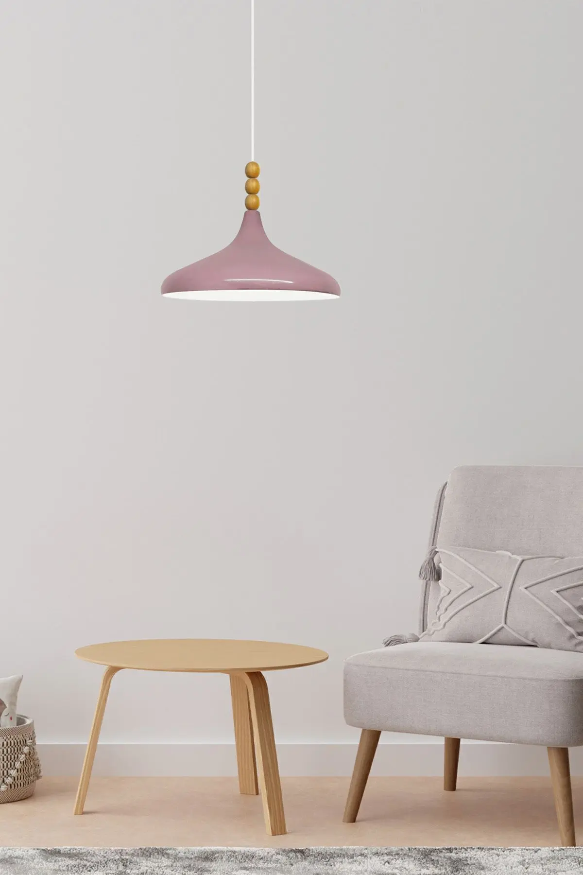 Lila Champion Ahşap Boncuklu Tekli Avize Sarkıt Salon Mutfak Butik Lamba