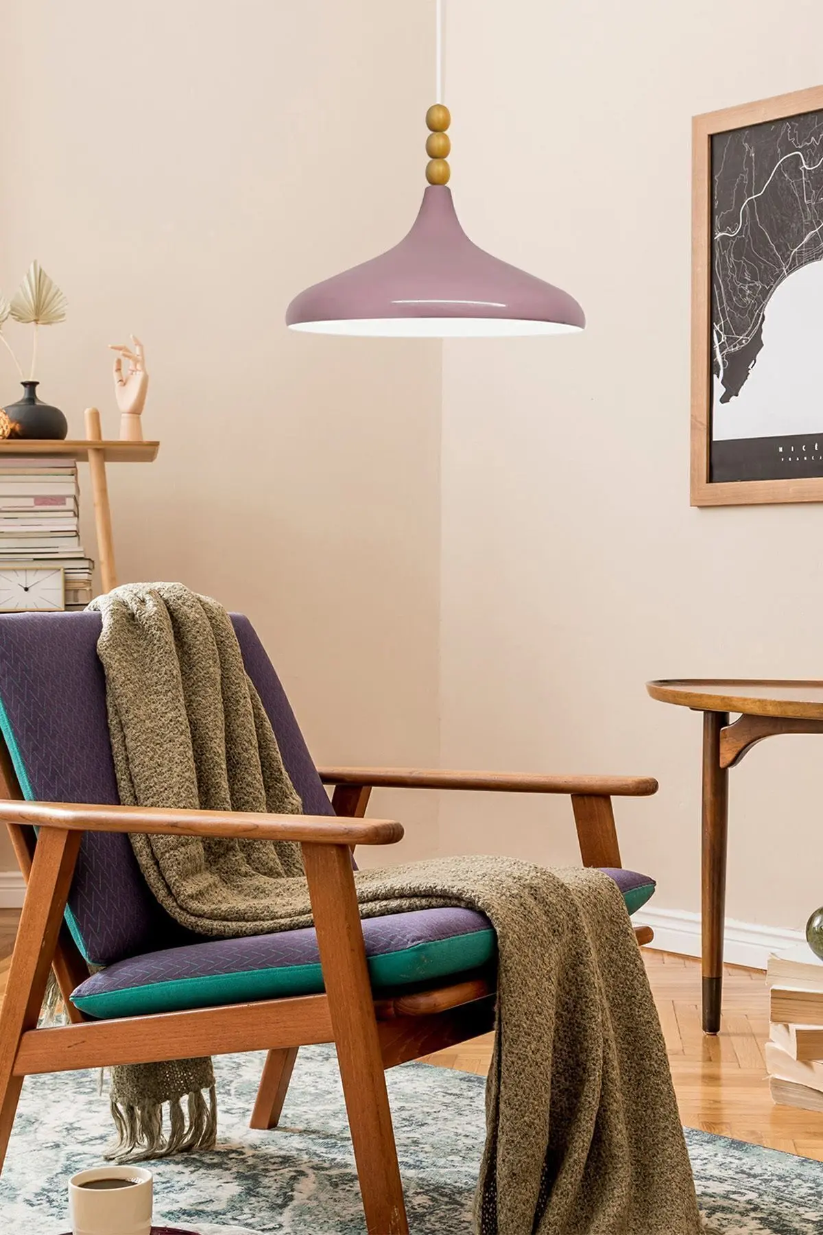 Lila Champion Ahşap Boncuklu Tekli Avize Sarkıt Salon Mutfak Butik Lamba