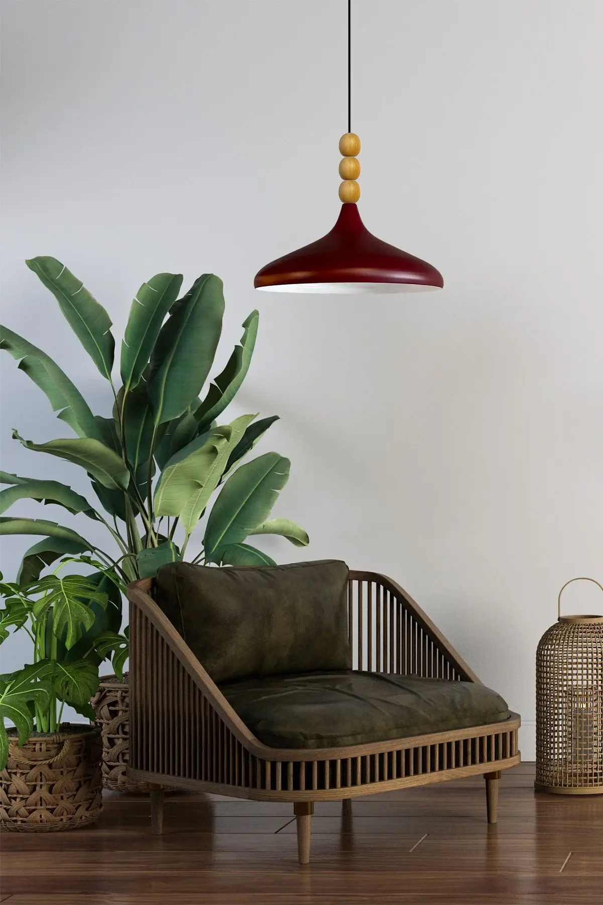 Vişne Çürüğü Ahşap Boncuklu Tekli Avize Sarkıt Salon Butik Lamba Aydınlatma Avizeler