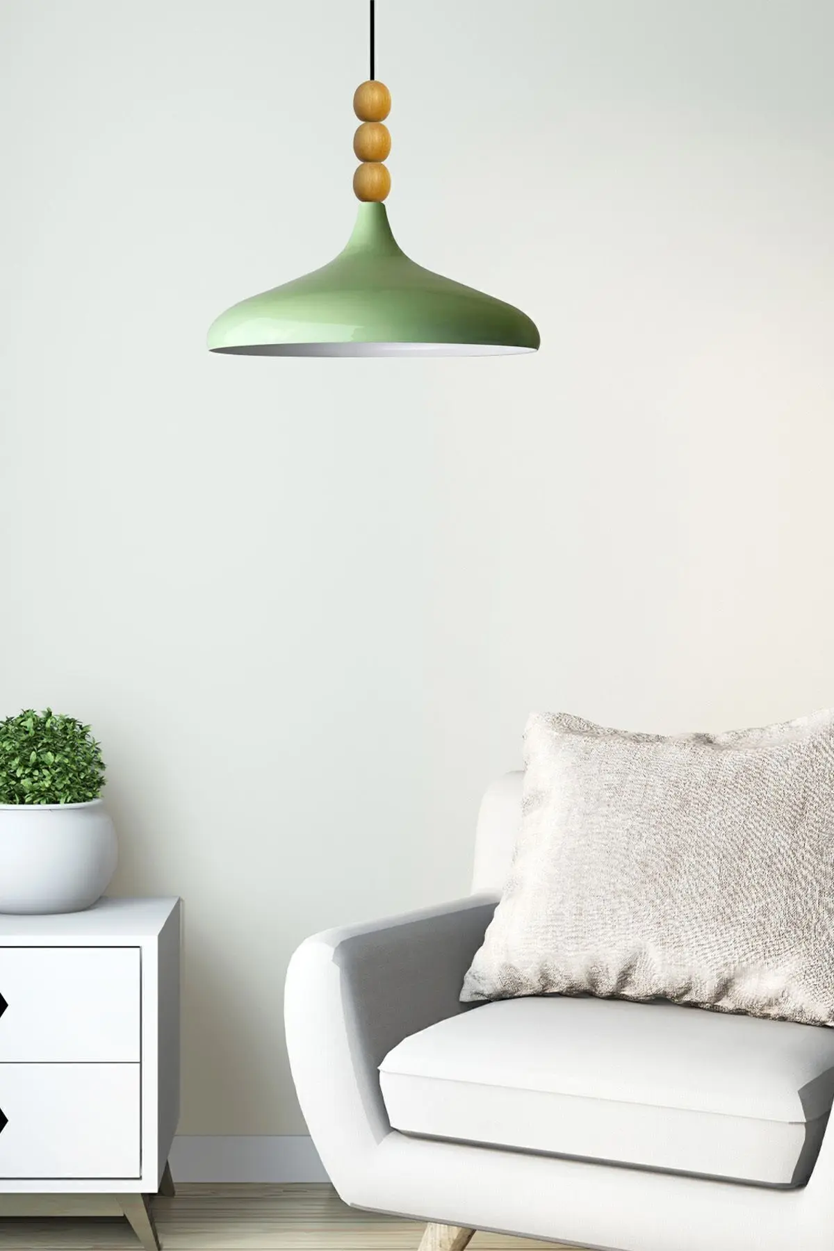 Mint Champion Ahşap Boncuklu Tekli Avize Sarkıt Salon Mutfak Butik Lamba