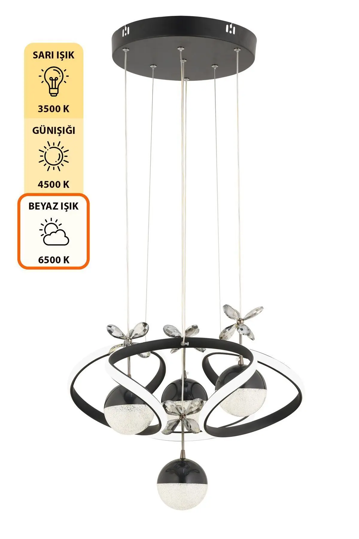 Octavia Kumandalı 3 Renk Işık Özellikli Modern Siyah Sarkıt Led Avize Salon Avize