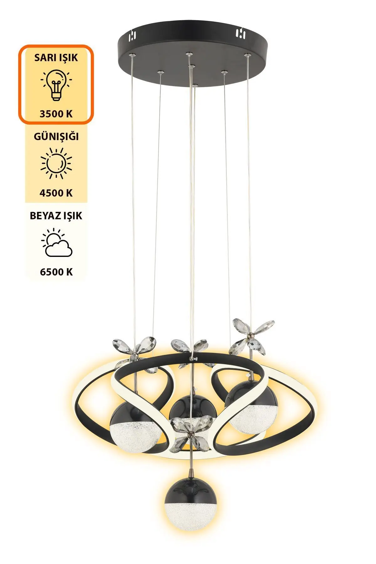 Octavia Kumandalı 3 Renk Işık Özellikli Modern Siyah Sarkıt Led Avize Salon Avize