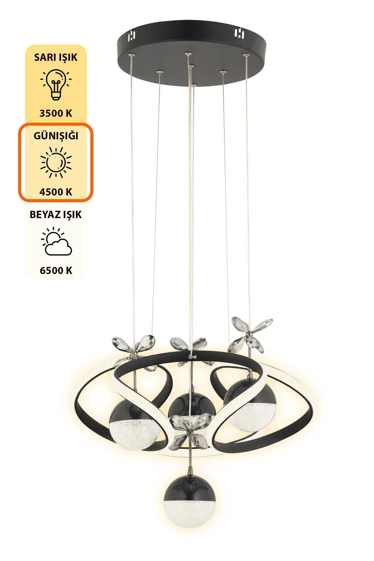 Octavia Kumandalı 3 Renk Işık Özellikli Modern Siyah Sarkıt Led Avize Salon Avize