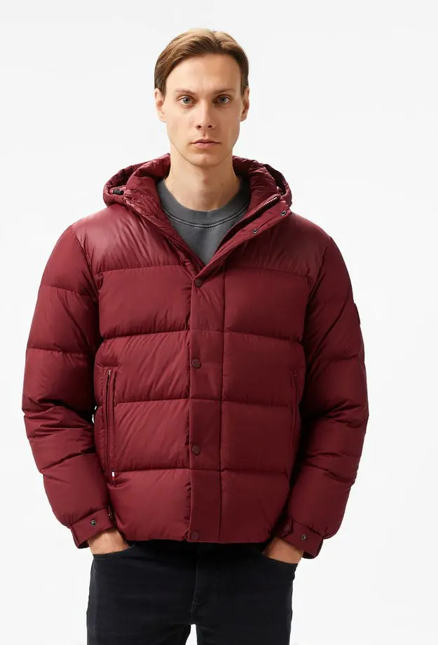 Tommy Hilfiger Mıx Down Hooded Puffer Erkek Bordo Ceket