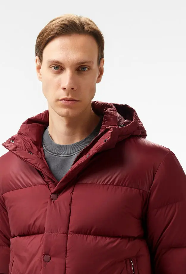 Tommy Hilfiger Mıx Down Hooded Puffer Erkek Bordo Ceket