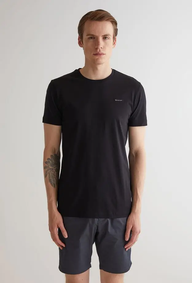 GANT GANT Erkek Siyah Slim Fit Bisiklet Yaka Logolu T-shirt
