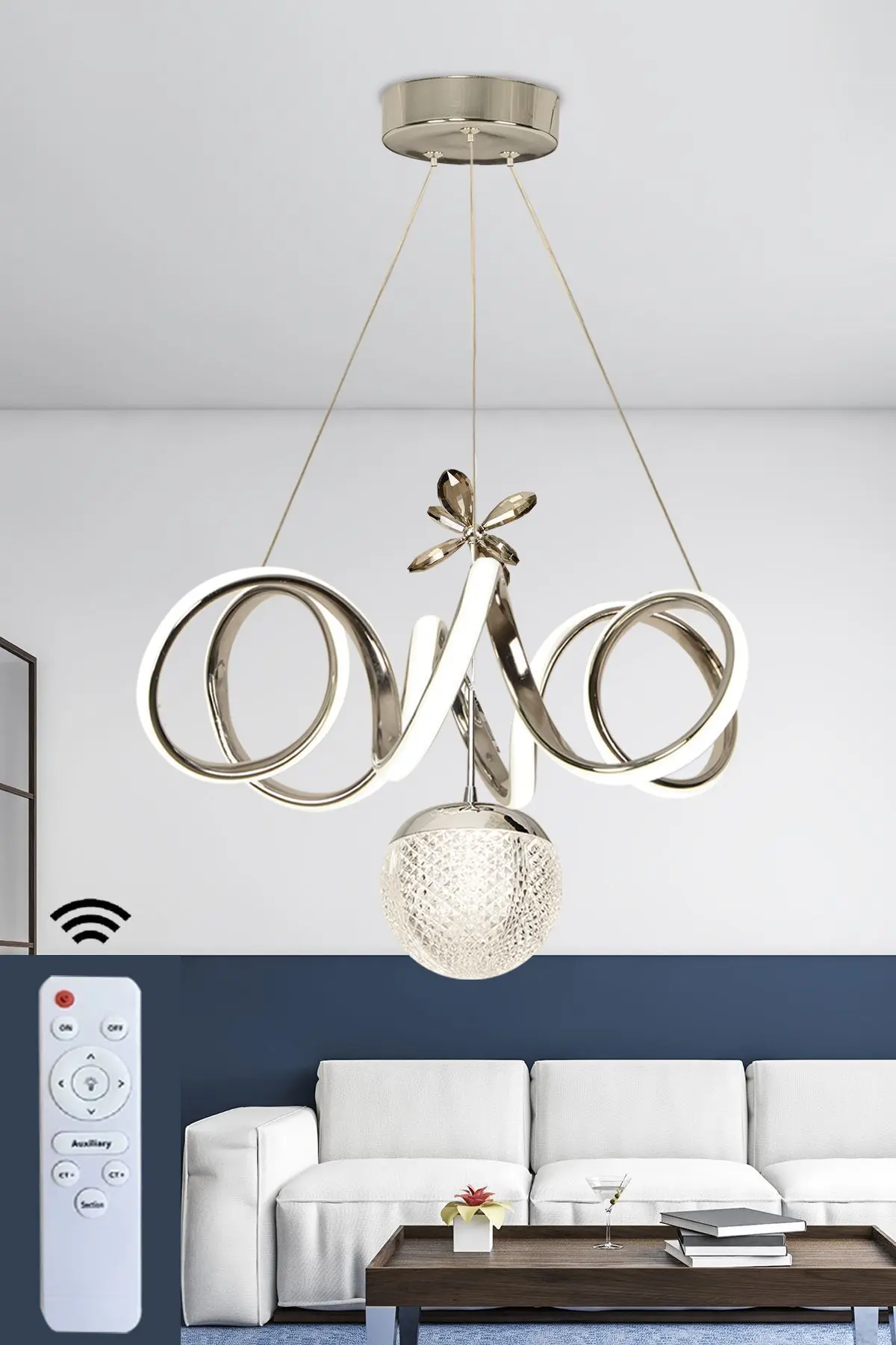 RANSOM 3 Renk Toplu Kumandalı Krom Dimmerli Led Avize Kıvrım Ledli Avize