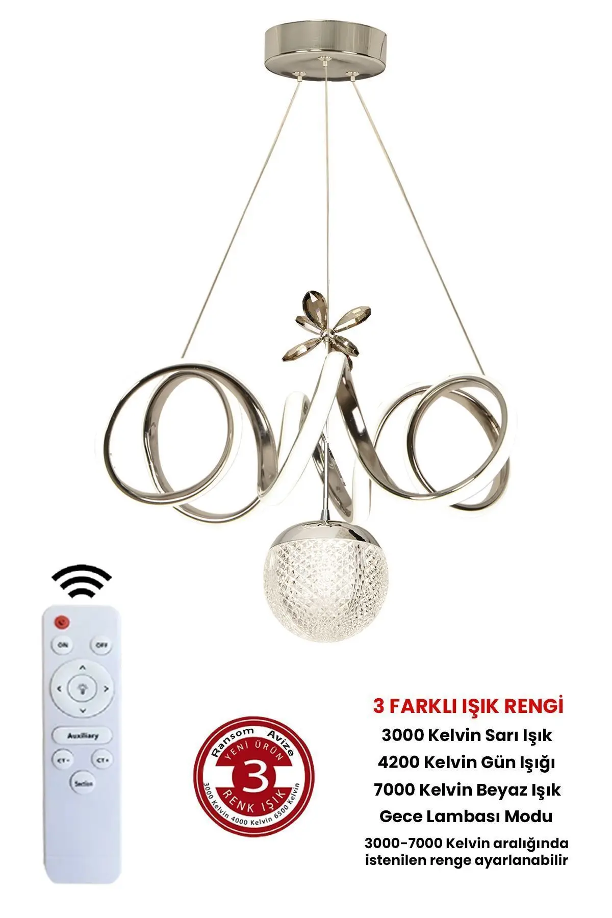 3 Renk Toplu Kumandalı Krom Dimmerli Led Avize Kıvrım Ledli Avize