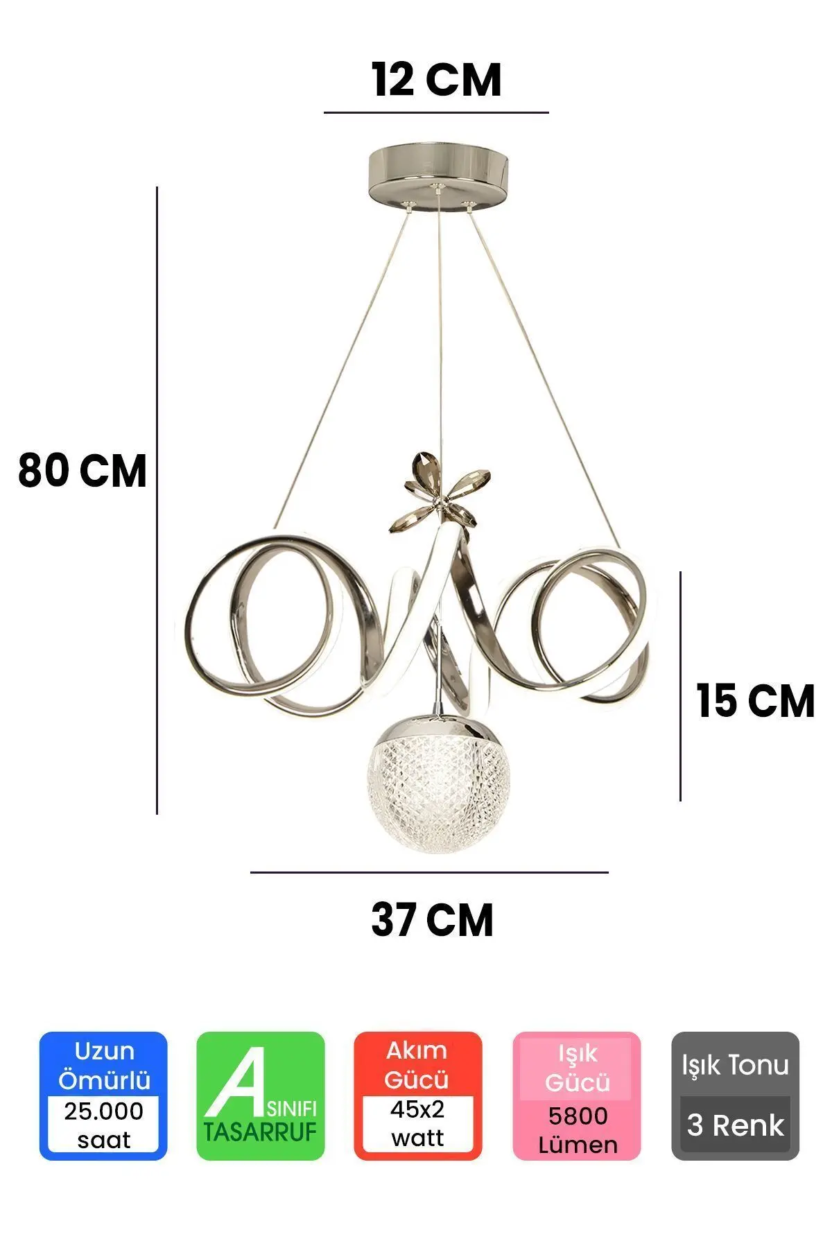 3 Renk Toplu Kumandalı Krom Dimmerli Led Avize Kıvrım Ledli Avize