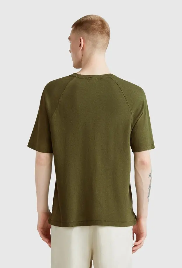 Erkek Haki Pamuk ve Keten Karışımlı Reglan Kol Relax Fit T-Shirt