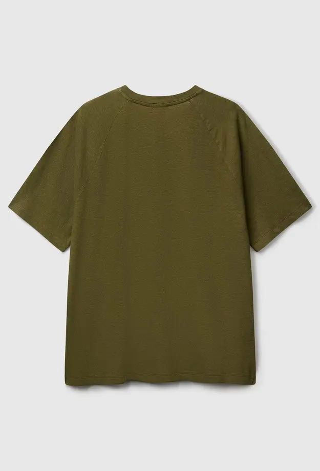Erkek Haki Pamuk ve Keten Karışımlı Reglan Kol Relax Fit T-Shirt