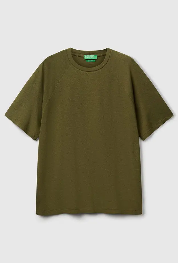 Erkek Haki Pamuk ve Keten Karışımlı Reglan Kol Relax Fit T-Shirt