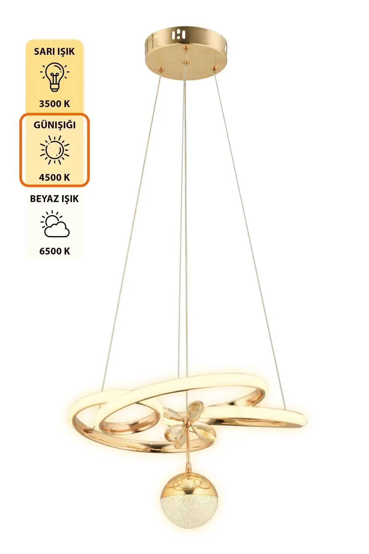 Dante Kumandalı 3 Renk Işık Özellikli Modern Gold Kaplama Sarkıt Led Avize Salon Avize