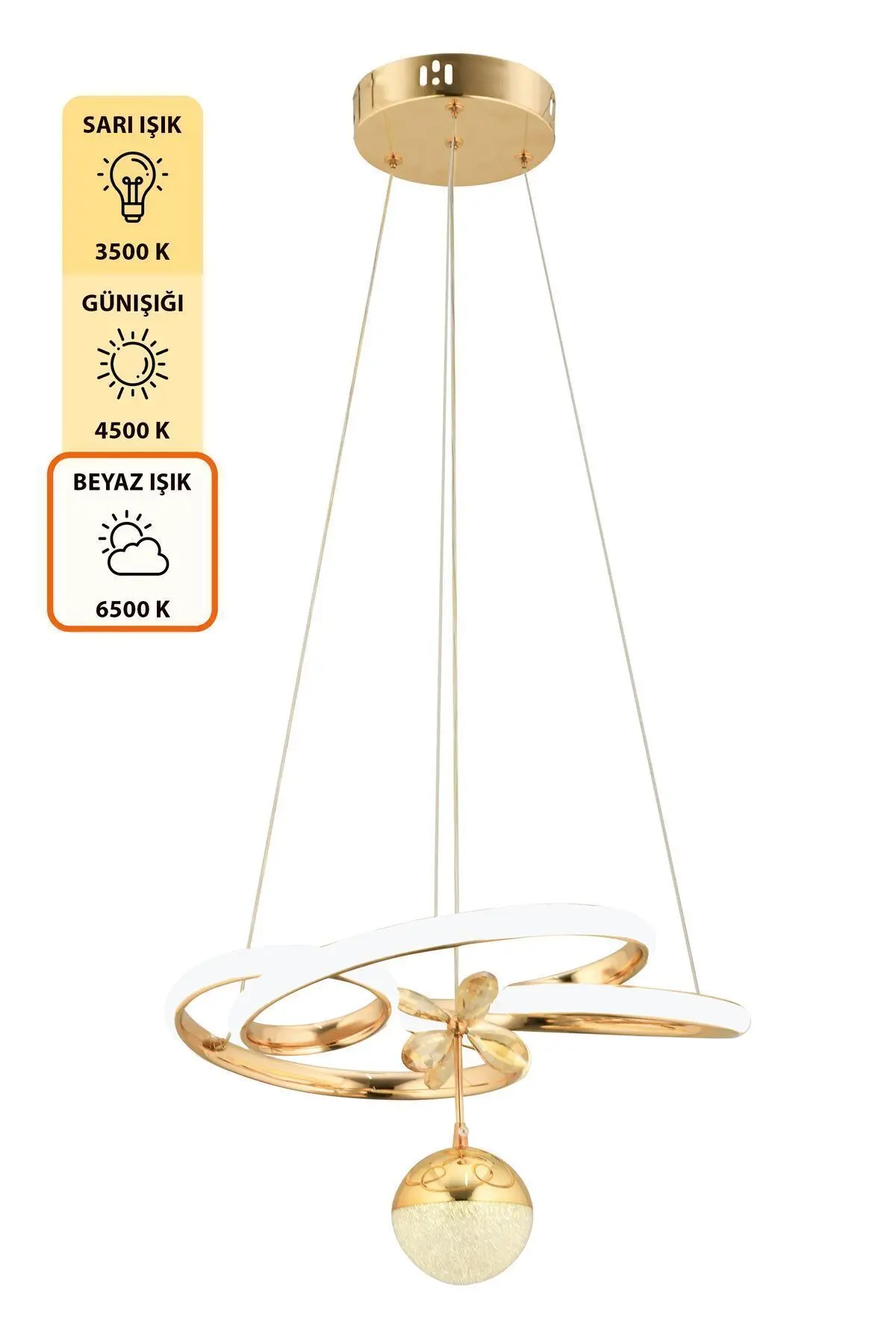 Dante Kumandalı 3 Renk Işık Özellikli Modern Gold Kaplama Sarkıt Led Avize Salon Avize