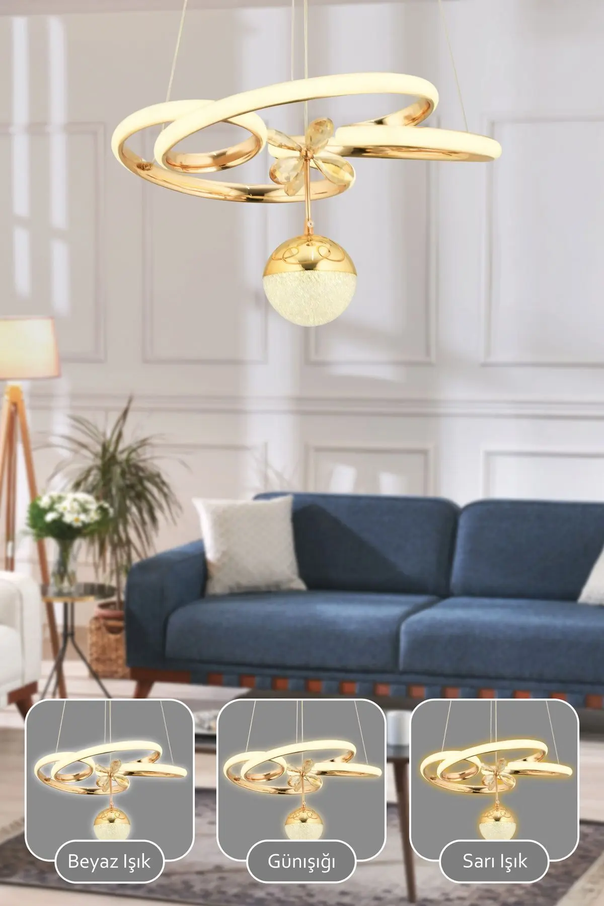 Dante Kumandalı 3 Renk Işık Özellikli Modern Gold Kaplama Sarkıt Led Avize Salon Avize